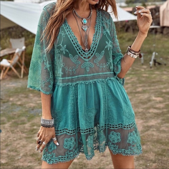 NEW! Boho Lace Crochet Folk Tunic Blouse Top Cover-Up - Picture 4 of 9